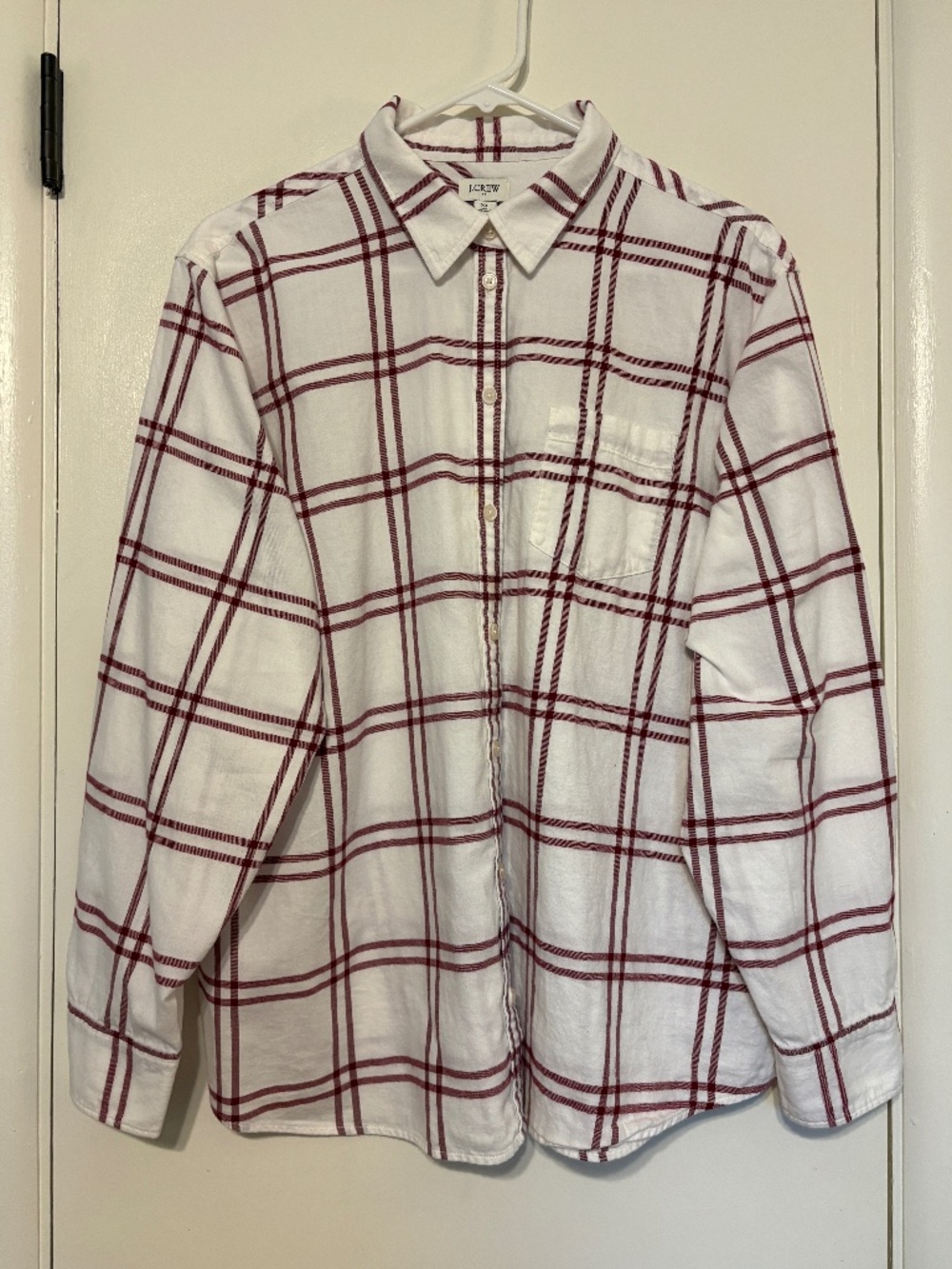J. Crew #CC242 Women's White/Red Plaid Cotton Button-Down Flannel Shirt Top XL